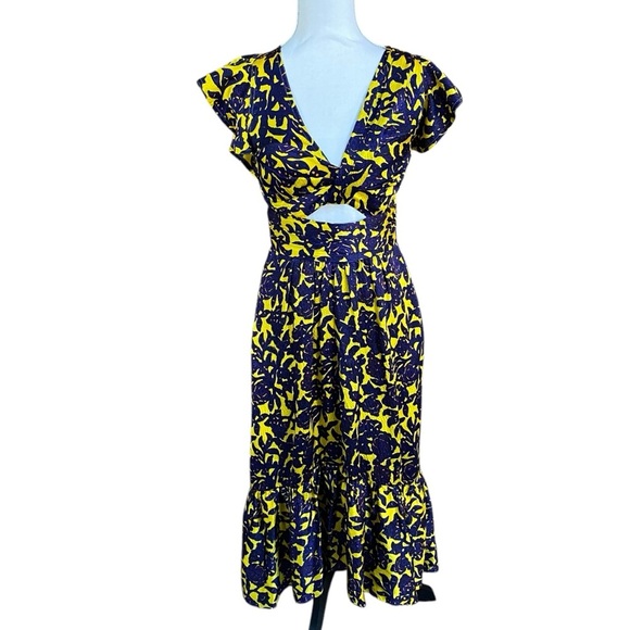 A.L.C. Valencia Silk Floral Midi Dress Yellow Purple Cut-Out Ruffle Hem Sz 2 - Picture 4 of 16